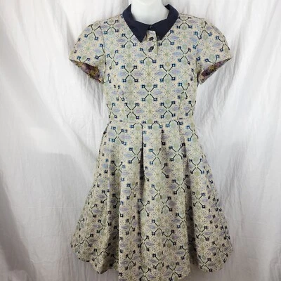 MODCLOTH Blue Metallic Brocade Retro Housewife DRESS Size Medium Pockets - Image 1 of 4