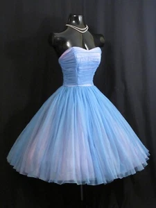 Vintage 1950's 50s Strapless Emma Domb Blue CHIFFON Organza Party Prom DRESS - Picture 1 of 9