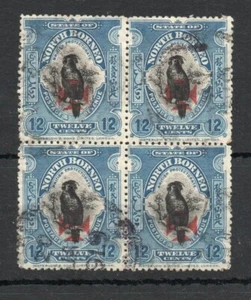 NORTH BORNEO SG 197 1916 CROCE ROSSA SOVRASTAMPA RARO BLOCCO DI 4 USATO - Foto 1 di 1