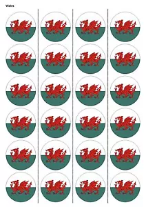 24X VORGESCHNITTENE WALES FLAGGE FUSSBALL ESSBAR OBLATENPAPIER, CUPCAKE, KUCHENAUFLEGER 1240 - Bild 1 von 1