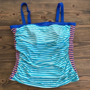 Women's Lands' End 18W Blue Orange Striped Tankini Swim Top Plus Size Ruched - Picture 1 of 6
