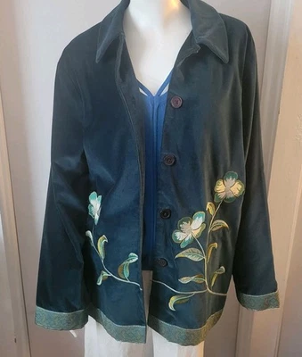 Jessica Holbrook Mujer L Chaqueta Verde Terciopelo Terciopelo Floral Bordado Boho Foto 1 de 4