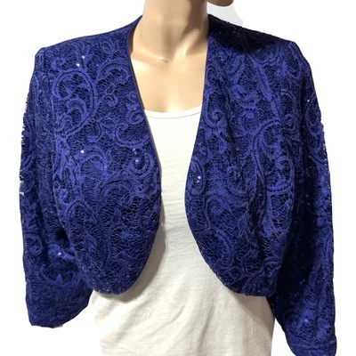Bolero de encaje y lentejuelas R&M Richards azul real manga 3/4 talla 14 W nuevo con etiquetas Foto 1 de 4