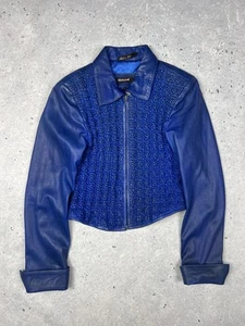 Vtg Roberto Cavalli Cropped Jacket Womens L Leather Blue Y2K VTG - Picture 1 of 12