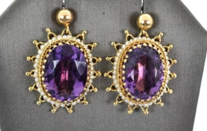 Pendientes colgantes vintage de amatista y perlas semilla de 15 quilates en oro amarillo de 14 k - Imagen 1 de 5