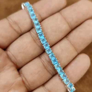Pulsera Tenis Cuadrada Aguamarina 925, Pulsera Aguamarina Chapada en Oro 14K - Imagen 1 de 4