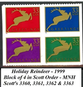 Holiday Reindeer Block of 4 from Pane of 20 in Scott Order MNH Sc 3360 to 3363 - Picture 1 of 2