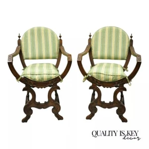 Antique Italian Renaissance Carved Walnut Savonarola Throne Arm Chairs - a Pair - Picture 1 of 11