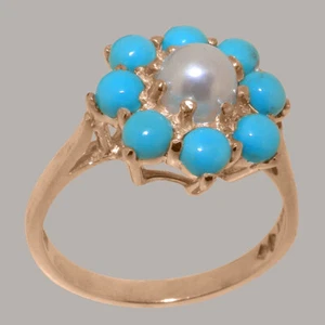 Solid 9k Rose Gold Pearl & Turquoise Womens Cluster Ring - Sizes 4 to 12 - Picture 1 of 5