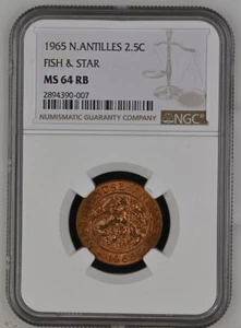 1965 MS64 RB Netherlands Antilles 2-1/2 Cent Fish & Star NGC UNC KM 5 RARE! - Picture 1 of 5