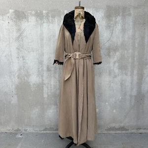 Vintage 1930s Brown Wool Coat Fur Collar Long Sleeve Belted Art Deco Jacket - Picture 1 of 21
