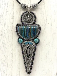 Bead Embroidered Necklace One Of A Kind Rainbow Calcilica Turquoise Leather Cord - Picture 1 of 8