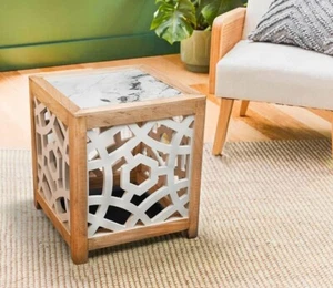 Wooden Side Table with White Geometric Cutout Design and Marble Look Top - Picture 1 of 5