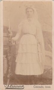 Cascade Iowa~J J Streuser CDV c1896~Young Bride Stands by Candlestick on Table