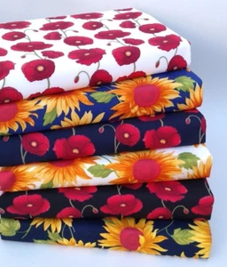 POPPY & SUNFLOWER FABRIC BUNDLE 6 LARGE SQUARES COTTON SEWING MATERIAL CRAFT - Picture 1 of 1