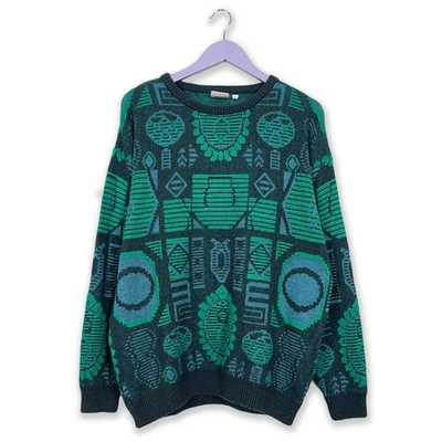 Maglione Vintage 30% cotone blu e verde a fantasia geometrica a girocollo - Tagl - Immagine 1 di 4