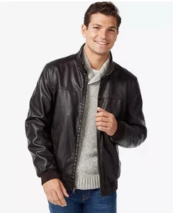 Tommy Hilfiger Chaqueta de Cuero Sintético Para Hombre Grande Negra Estilo Bombardero Forrada con Cremallera - Imagen 1 de 9