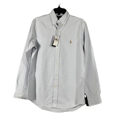 Camisa polo Ralph Lauren masculina pequena listrada azul longa Slv Oxford botão para baixo nova com etiquetas - Imagem 1 de 4