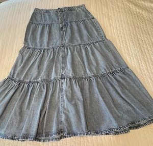 M Jeans by Maurice Tiered Button Front Denim Maxi Skirt Womens 14 Boho Cottage - Bild 1 von 6