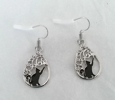 Nuevos Pendientes Gancho Lágrima Negro Esmalte Diseño Gato Tono Plateado Foto 1 de 3