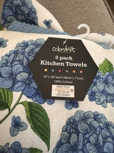 NUEVO Juego 3 TOALLAS DE COCINA Algodón Floral Flor Hortensia Azul - Imagen 1 de 3