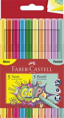 Faber-Castell 10 Grip Colour Markers - Neon and Pastel Colours Pack of 10 neon a - Image 1 of 4