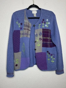 Vintage 90s Embroidered Button Purple Floral Patchwork Grandma Cardigan Small - Picture 1 of 9