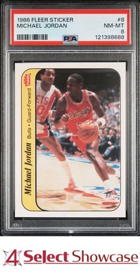 1986 FLEER STICKER #8 MICHAEL JORDAN RC BULLS HOF PSA 8 - Image 1 of 4