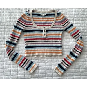 Y2K American Eagle Cropped Henley Long Sleeve Shirt Rainbow Stripe Top Womens XS - Picture 1 of 8