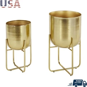 Gold Metal Planter Set of 2 Decorative Indoor Outdoor Pots Curved Base Round New - Picture 1 of 11
