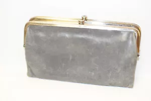 HOBO INTERNATIONAL Lauren Gray Leather Wallet Gray Floral Lining Silver Hardware - Picture 1 of 4