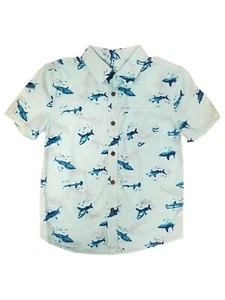 Sonoma Boys Woven Teal Shark Short Sleeve Button Front Shirt Size 8 - Picture 1 of 1