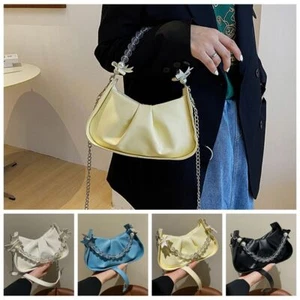 Bead PU Leather Handbag Pleated Chain Underarm Bag Bow Shoulder Bag Travel - Picture 1 of 16