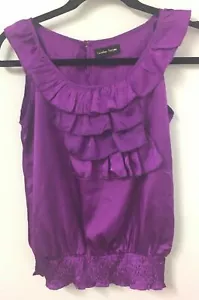 Caroline Morgan Top Size 10 Purple Satin Sleeveless Ruffle Elastic Waist - Picture 1 of 7