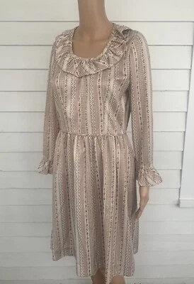 Vestido hippie vintage anos 70 babado neutro manga comprida estampa romântica 36 28 P - Imagem 1 de 4