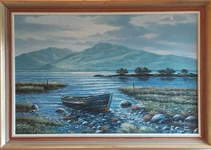Tom Boyle großes Öl auf Leinwand von Bergen, See und Boot Szene. - Bild 1 von 12