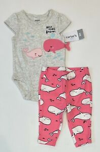 Carter's Baby Girls 2-Piece Cute Whale Bodysuit & Pants Set, Gray/Pink, 3 M, NWT