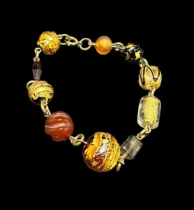 Vintage venezianische Kunst Glasperlen Gliederarmband goldfarben 7 3/4 Zoll - Bild 1 von 6