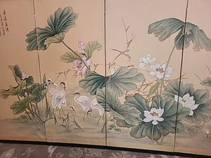 Large Dancing Lotus Birds Japan Byobu Handpainted Silk Panels Painting - Picture 1 of 19