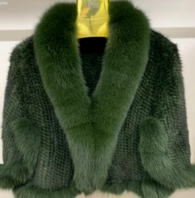 Handmade Knit Real Mink Shawl Cloak Fox Fur Collar Coat Poncho Wraps Cape #1475 - Image 1 of 4