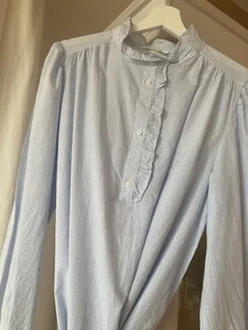 H&M Bluse • Stehkragen • Rüschen • Weiß/hellblau gestreift • Gr. L /100 % Cotton - Bild 1 von 14