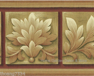 Architectural Antique Gold Leaf Brown Tan Burgundy Frame Tile Wallpaper Border — 第 1/4 张图片