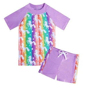 Kid Girls 2-Piece Rashguard Set Stripe Unicorn Swimsuit Beach Vacation Short ... - Picture 1 of 5