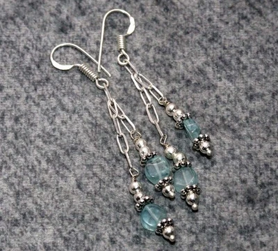 925 Silver Plated Classic Blue Quartz Beaded Earrings Gemstone 2.3" GW - Image 1 of 3