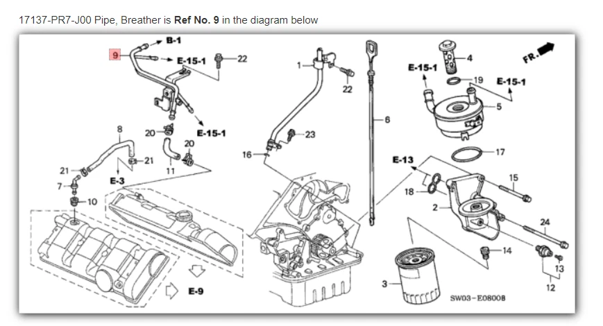 Tubo NSX HONDA ACURA GENUINO OEM, filtro de aceite respirador ☆ 17137-PR7-J00 ☆ Foto 1 de 1