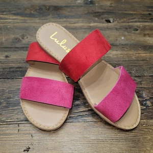 Lulus Damen-Sandalen Doppelriemen-Pantoletten Größe 5,5 M Slipper rosa rot Wildlederimitat - Bild 1 von 8