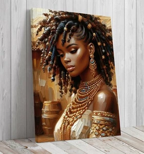 Beautiful Girl Afro Hair Golden Jewellery mounted canvas ready to hang - Picture 1 of 7