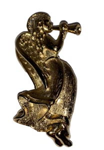 Vintage Gerry's Gold Toned Angel Playing Horn Pin with Rhinestone Crown Brooch - Picture 1 of 16