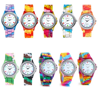 Mujeres Niñas Arco Iris Silicona Jalea Reloj Camuflaje Estrás Cuarzo Reloj Pulsera Foto 1 de 4
