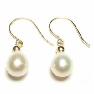 Echte AAA weiße Perlen Ohrhänger Haken Ohrringe in 14K Gelbgold - Bild 1 von 2